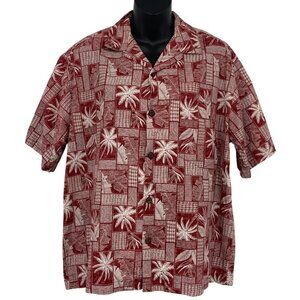 Hilo Hattie Men Aloha Hawaiian Shirt Size M Medium Red Palm Short Sleeve EUC